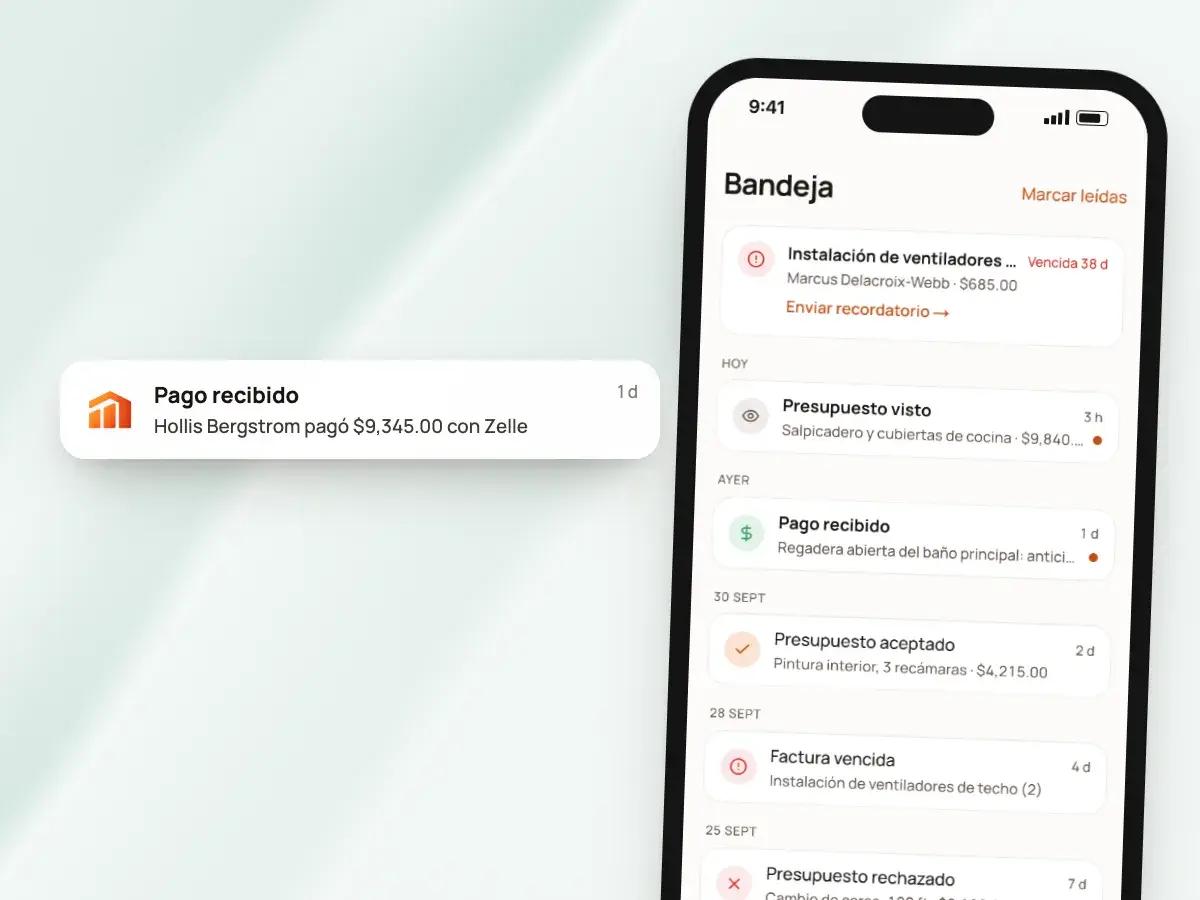 Un aviso de Pago recibido junto a la bandeja en un teléfono