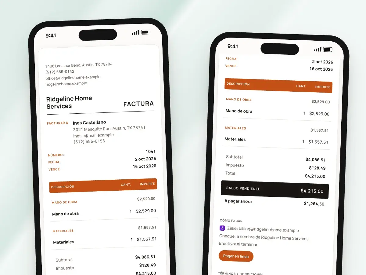 La página de la factura del cliente en dos teléfonos: la factura desde arriba, y luego el monto a pagar y Pagar en línea