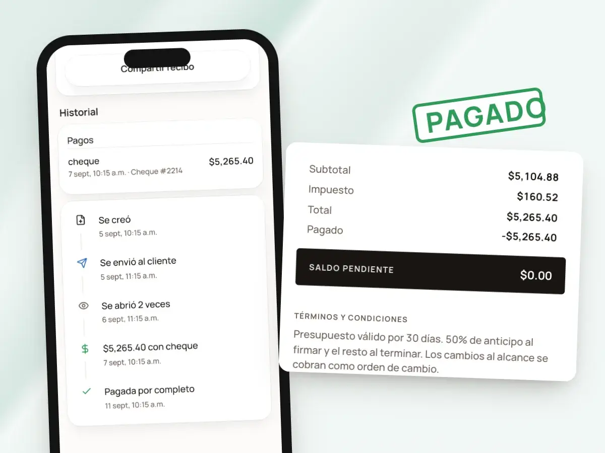 Una factura pagada con el sello PAGADO y saldo pendiente de $0.00, junto a su registro de pago en un teléfono