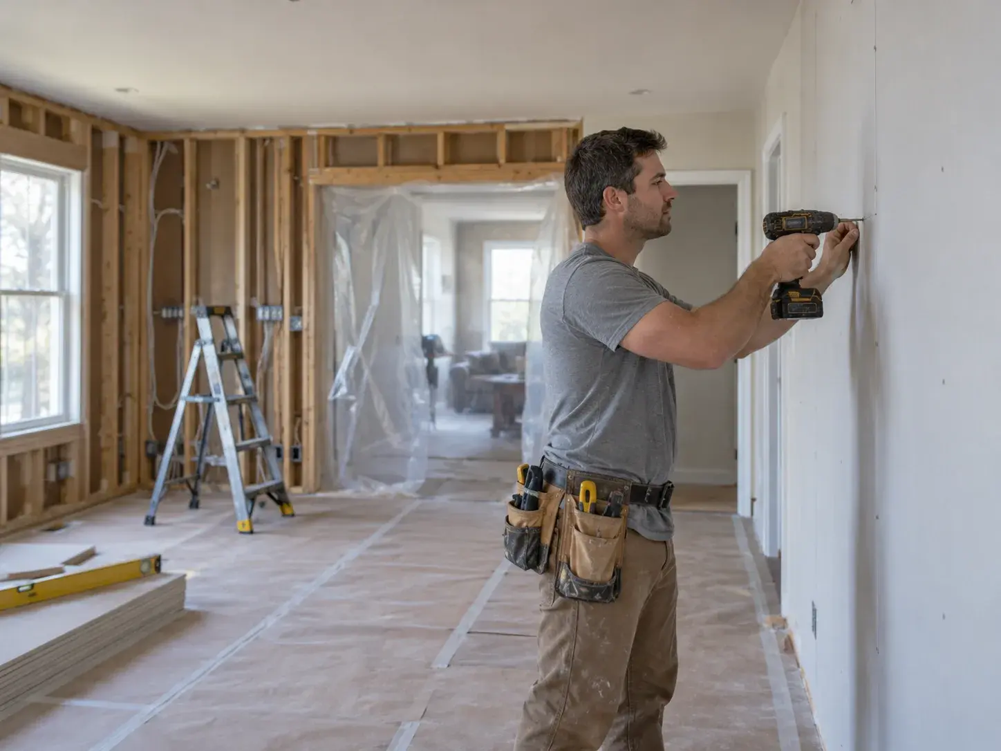 A remodeler fastening drywall in a family room stripped to the studs