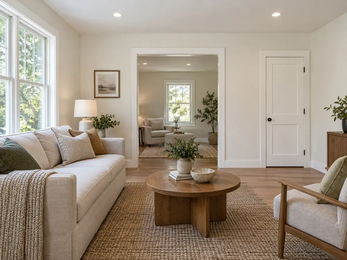 A finished family room with new plank flooring, white trim and a wide cased opening