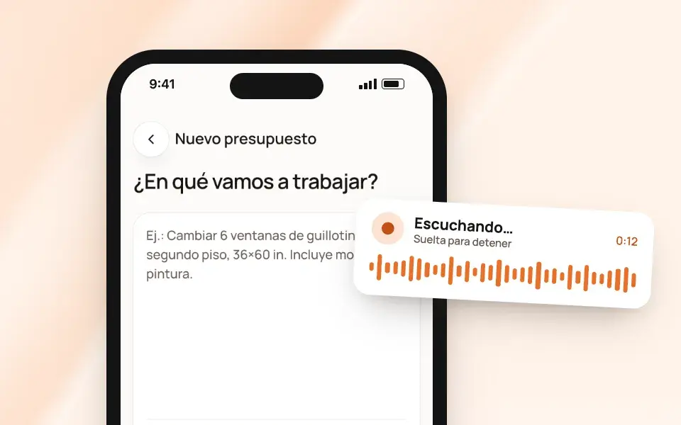 La pantalla de presupuesto nuevo en un teléfono, escuchando mientras se describe el trabajo por voz