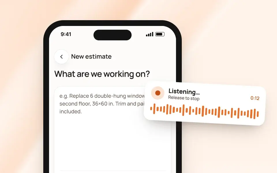 The new estimate screen on a phone, listening as the job is described by voice