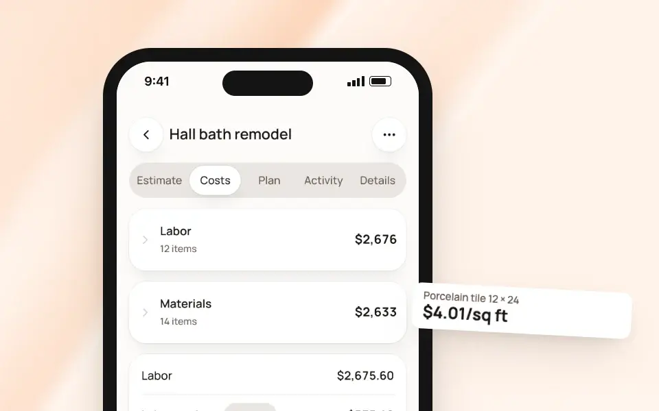 An estimate's costs on a phone with a local tile price tag