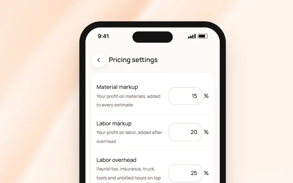 Pricing settings on a phone: markups, overhead, sales tax and permit fee