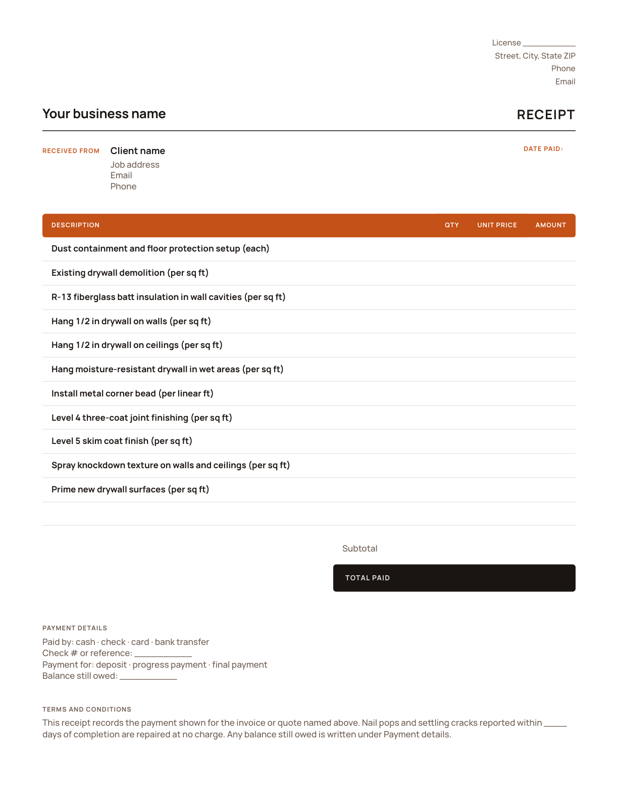 The drywall receipt template, with its line items listed