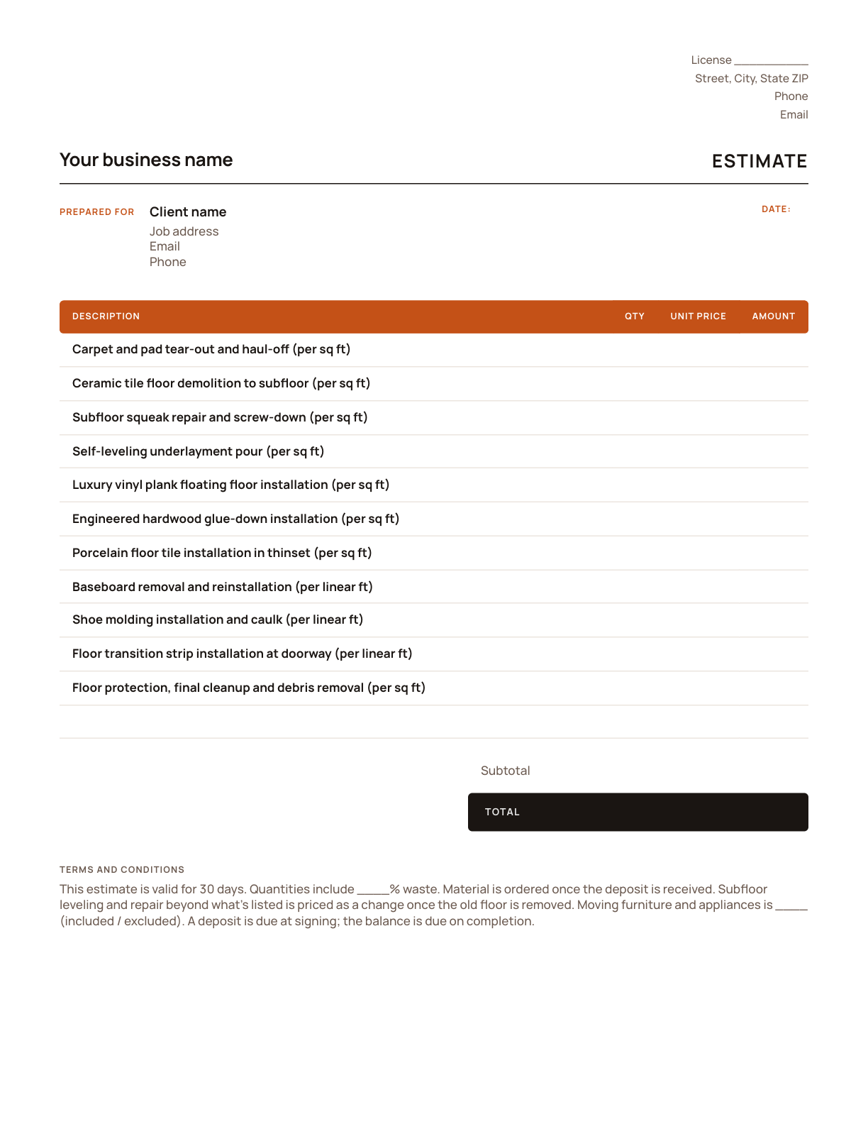 The flooring estimate template, with its line items listed