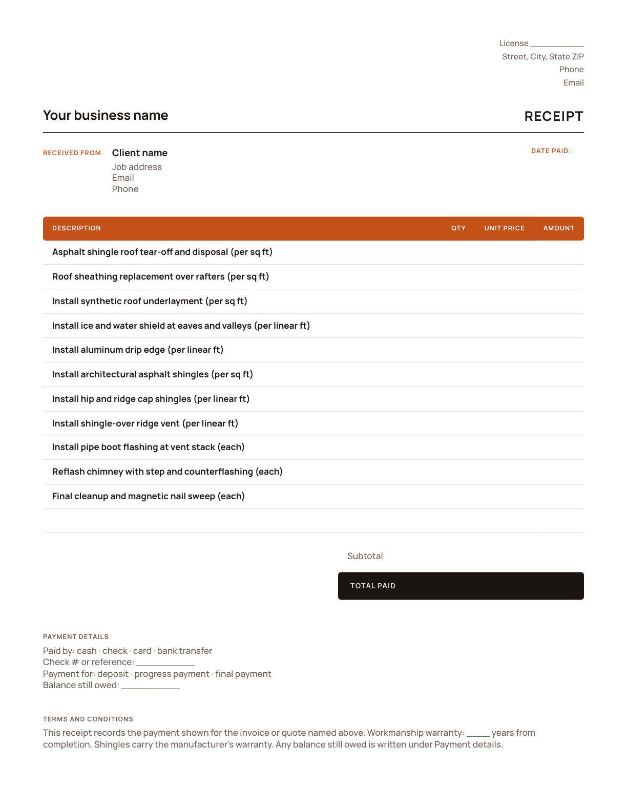 The roofing receipt template, with its line items listed